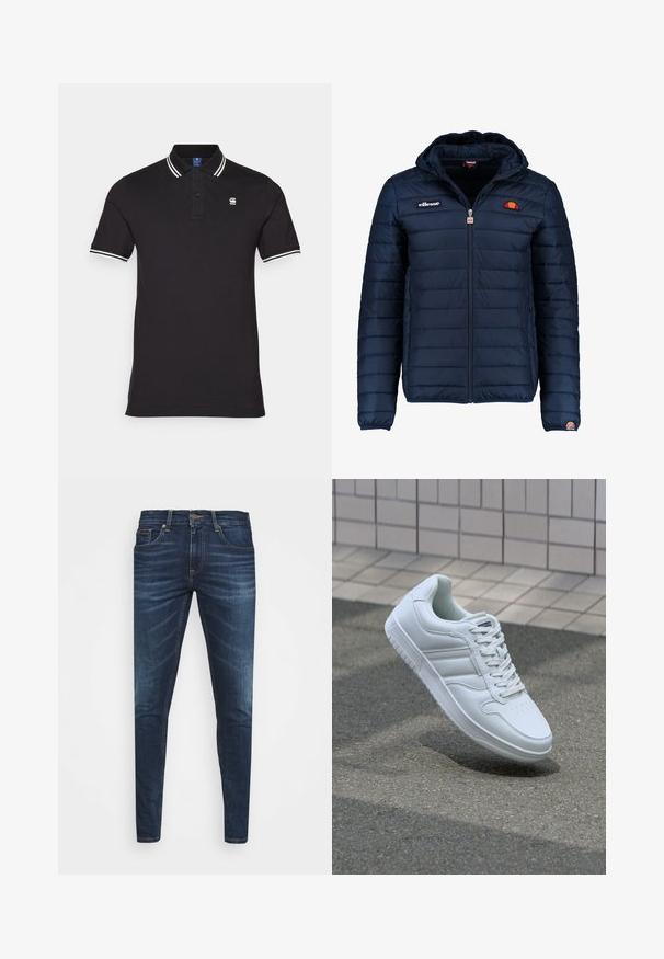 Tamsiai mėlynas pūkinis švarkas su gobtuvu, užtrauktuku, kanalų siuvimu ir logotipo akcentais krūtinėje bei rankovėje. Minkšta, tekstūruota medžiaga.; Juodas polo marškinėliai pagaminti iš medvilnės su baltais dryžiais ant apykaklės ir rankovių; turi mažą logotipą ant krūtinės.; Tamsiai mėlynos džinsinės kelnės su liesu siluetu, subtiliu nusidėvėjimu, penkiomis kišenėmis ir metaliniu mygtuku užsegimui. Įsiūtos akcentai kontrastinga spalva.; Baltos sportinės kedai su lygaus odos viršumi, raišteliais priekyje, perforuotu kojų pirštu ir raštuotu padu. Minimalistinis dizainas su trimis šoninėmis juostelėmis.