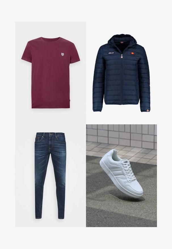 Tengerészkék puffos dzseki kapucnival, cipzáras záródással, csatorna varrással, és logóval díszített mellkassal és ujjakkal. Puha, texturált anyag.; Burgundy színű pamut póló kerek nyakkivágással és rövid ujjakkal. A bal felső részen egy kis pajzs logó található. Sima tapintású.; Sötétkék farmernadrág, testhezálló fazonnal, finom áttűnéssel, öt zsebbel és fémből készült gombzárral. Kontrasztos színű varrási díszítések.; Fehér sportcipő sima bőr felsőrésszel, fűzős elülettel, perforált orral és mintázott talppal. Minimalista dizájn három oldalsávval.