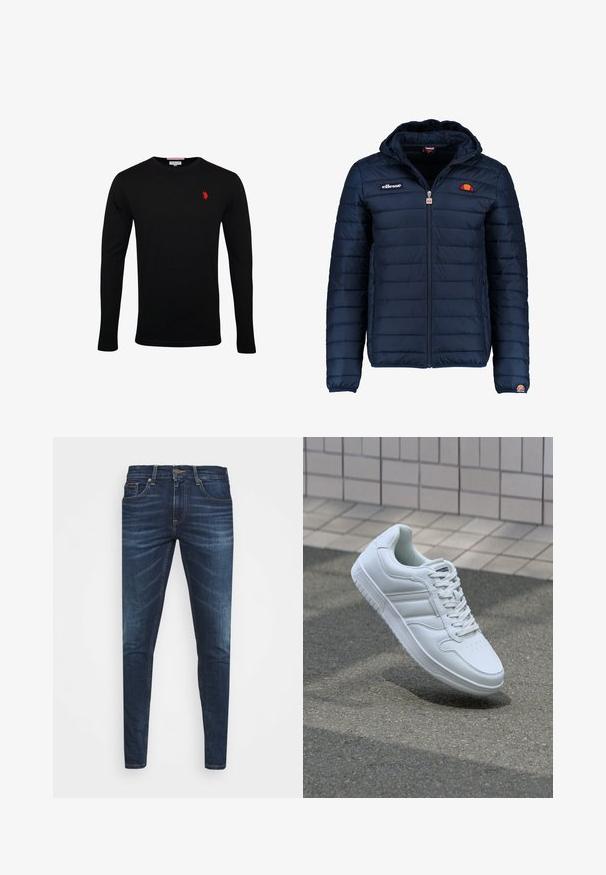 Mørkeblå puffjakke med hætte, lynlåslukning, kanalstyret syning og logo-detaljer på brystet og ærmet. Blødt, struktureret stof.; Sort langærmet T-shirt lavet af bomuld, med et lille rødt logo på brystet. Standard rund halsudskæring og tætsiddende ærmer.; Mørkeblå denim jeans med slim fit, subtil falming, fem lommer og metalknaplukning. Syede detaljer i kontrastfarve.; Hvide atletiske sneakers med glat læderoverdel, snørelukning foran, perforeret tå og mønstret sål. Minimalistisk design med tre sidelister.