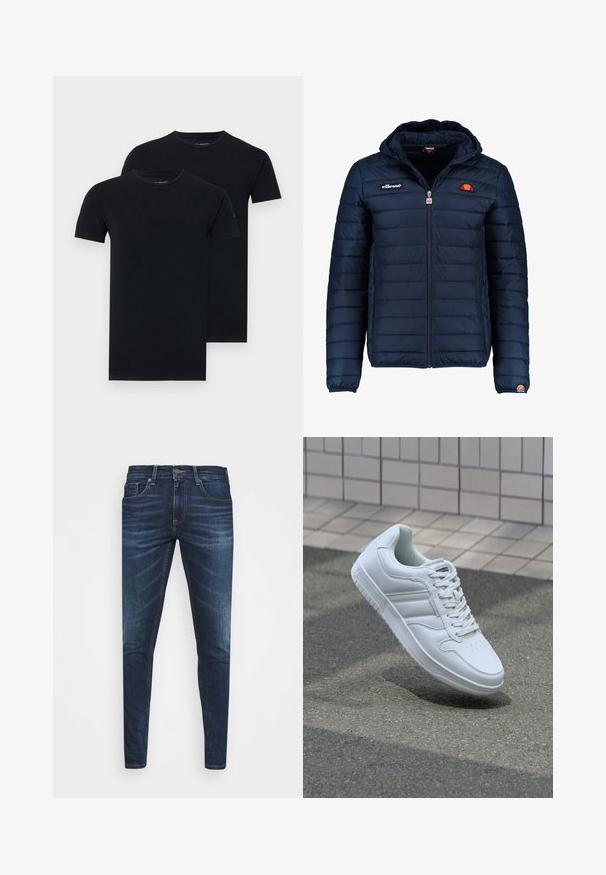 Mørkeblå puffjakke med hætte, lynlåslukning, kanalstyret syning og logo-detaljer på brystet og ærmet. Blødt, struktureret stof.; To sorte T-shirts stablet, med en klassisk rund hals og korte ærmer, lavet af et glat, let stof.; Mørkeblå denim jeans med slim fit, subtil falming, fem lommer og metalknaplukning. Syede detaljer i kontrastfarve.; Hvide atletiske sneakers med glat læderoverdel, snørelukning foran, perforeret tå og mønstret sål. Minimalistisk design med tre sidelister.