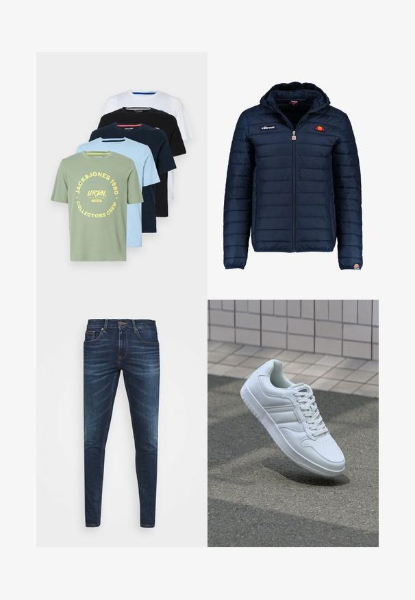 Tumedat sinised puffer jakk kapuutsiga, lukuga suletav, kanalite õmblustega ning logo aktsentidega rinnal ja varrukal. Pehme, tekstuuriga kangas.; Viis T-särki, mis on järjestikku välja pandud: oliivrohelised, helesinine, tumesinine, must ja valge. Igal särgil on ümar kaelus ja erinevad logod.; Tumedat sinised teksad kitsas lõikes, kerge kulumisega, viie taskuga ja metallnööbiga sulgemine. Õmmeldud aktsendid kontrastsetes värvides.; Valge spordijalanõud silederja nahkvarrega, ninast paeltega, perforatsiooni tõttu ventilatsiooniga ning mustrilise tallaga. Minimalistlik disain, millel on kolm külgmist triipu.