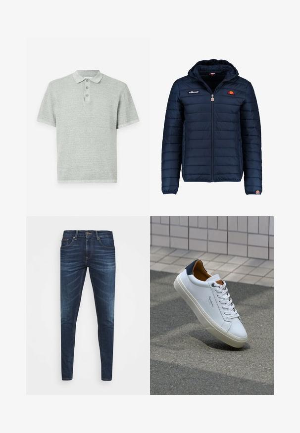 Veste matelassée bleu marine avec capuche, fermeture zippée, coutures en canaux et accents de logo sur la poitrine et la manche. Tissu doux et texturé.; Polo à manches courtes en gris clair, fabriqué en matériau texturé. Il possède un col avec trois boutons et un ourlet droit.; Jean en denim bleu foncé avec une coupe slim, décoloration subtile, cinq poches et une fermeture à bouton en métal. Accents cousus dans une couleur contrastante.; Sneaker en cuir blanc avec un talon bleu marine, bout rond et accents marron contrastés. Dispose de lacets plats et d'une semelle en caoutchouc texturée.