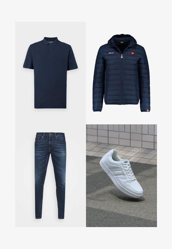 Veste matelassée bleu marine avec capuche, fermeture zippée, coutures en canaux et accents de logo sur la poitrine et la manche. Tissu doux et texturé.; Polo de couleur bleu marine en coton doux. Présente un col classique, une patte de boutonnage à deux boutons et des manches courtes. Logo subtil sur la poitrine.; Jean en denim bleu foncé avec une coupe slim, décoloration subtile, cinq poches et une fermeture à bouton en métal. Accents cousus dans une couleur contrastante.; Baskets blanches de sport avec une tige en cuir lisse, un laçage à l'avant, une pointe perforée et une semelle à motifs. Design minimaliste avec trois bandes latérales.