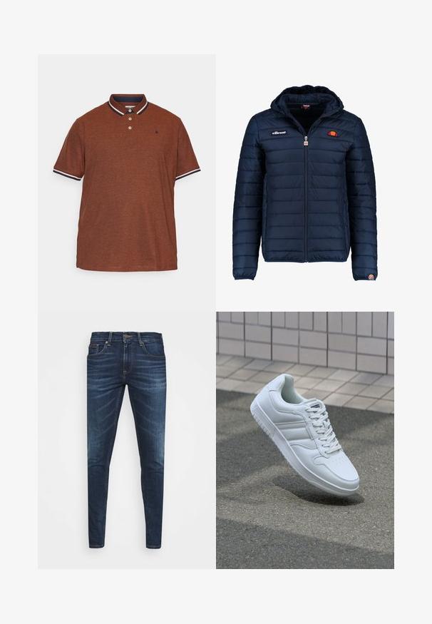 Dunkelblaue Daunenjacke mit Kapuze, Reißverschluss, Kastensteppnähten und Logo-Akzenten auf der Brust und dem Ärmel. Weicher, strukturierter Stoff.; Braunes Polohemd aus strukturiertem Stoff, mit einem marineblauen Kragen mit weißem Besatz, drei Knöpfen und einem kleinen Logo auf der Brust.; Dunkelblaue Jeans im Slim Fit mit subtiler Verwaschung, fünf Taschen und einem Metallknopfverschluss. Genähte Akzente in kontrastierender Farbe.; Weiße sportliche Sneaker mit Obermaterial aus glattem Leder, Schnürfront, durchlöchtem Zehenbereich und gemusterter Sohle. Minimalistisches Design mit drei Seitenstreifen.