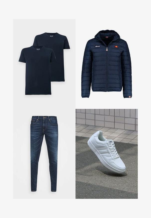 Námořnická modrá péřová bunda s kapucí, zipovým zapínáním, prošívaným vzorem a logem na hrudi a rukávu. Měkká, texturovaná látka.; Námořnicky modré bavlněné trička, krátké rukávy, kulatý výstřih, bez štítků, dvojbalení, hladká textura, minimální branding na rukávech.; Tmavě modré džíny z denimu s úzkým střihem, jemným vyblednutím, pěti kapsami a kovovým zapínáním na knoflík. Šité akcenty v kontrastní barvě.; Bílé sportovní tenisky s hladkým koženým svrškem, šněrovacím předním dílem, perforovanou špičkou a vzorovanou podrážkou. Minimalistický design se třemi bočními pruhy.