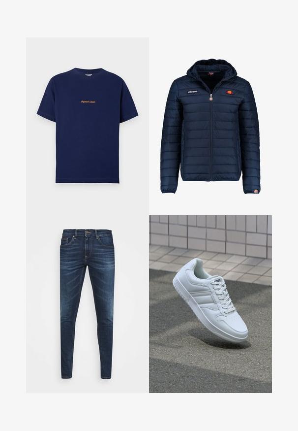Mornaricnoplava pufasta jakna s kapuljačom, zatvaranje na zip, kanalno šivanje i akcenti s logom na prsima i rukavu. Mekani, teksturirani materijal.; Tamnoplava pamučna majica kratkih rukava, s okruglim izrezom i narančastim izvezenim tekstom "Originals Studio" na sredini sprijeda.; Tamno plave traperice uskog kroja, s blagim izbljeđivanjem, pet džepova i metalnim zatvaranjem na dugme. Šivani detalji u kontrastnoj boji.; Bijela atletska tenisica s glatkim kožnim gornjim dijelom, vezanjem sprijeda, perforiranim vrhom i uzorkovanim đonom. Minimalistički dizajn s tri bočne pruge.