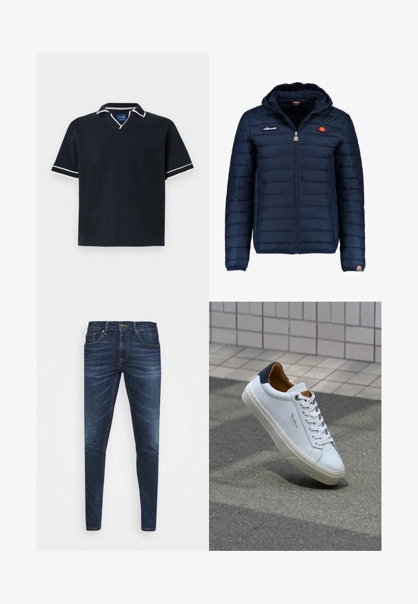 Temno modra napihnjena jakna s kapuco, z zadrgo, kanalnim šivom in logotipom na prsih in rokavu. Mehka, teksturirana tkanina.; Mornarsko kratkoslečeno polo majico z V-izrezom, belim pasom na ovratniku in rokavih, teksturirano blago in ravnim robom. Modra blagovna oznaka znotraj.; Temno modri kavbojke ozkega kroja, s subtilnim bledenjem, petimi žepi in kovinskim zapiranjem na gumb. Oštrikanje z akcenti v kontrastni barvi.; Beli usnjeni čevelj s plavo peto, okrogelimi prsti in kontrastnimi rjavimi detajli. Ima ravne vezalke in teksturiran gumijast podplat.