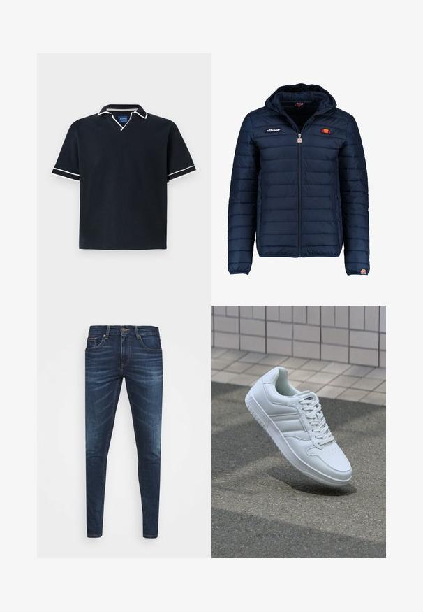 Temno modra napihnjena jakna s kapuco, z zadrgo, kanalnim šivom in logotipom na prsih in rokavu. Mehka, teksturirana tkanina.; Mornarsko kratkoslečeno polo majico z V-izrezom, belim pasom na ovratniku in rokavih, teksturirano blago in ravnim robom. Modra blagovna oznaka znotraj.; Temno modri kavbojke ozkega kroja, s subtilnim bledenjem, petimi žepi in kovinskim zapiranjem na gumb. Oštrikanje z akcenti v kontrastni barvi.; Bela atletska teniska obutev z gladkim usnjenim zgornjim delom, vezanjem spredaj, perforiranim prstom in vzorčastim podplatom. Minimalistična zasnova s tremi stranskimi črtami.