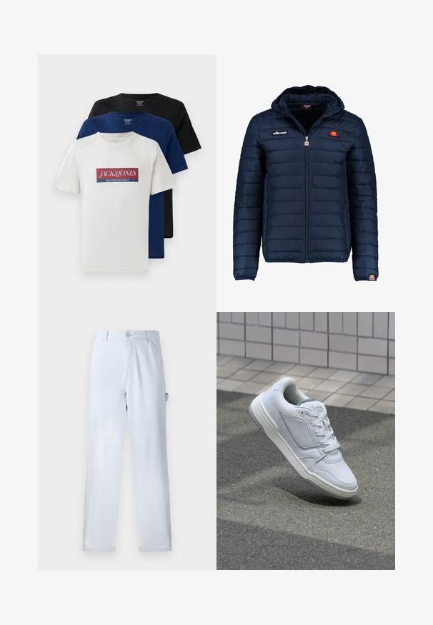 Tums zilā puffer jaka ar kapuci, rāvējslēdzēja aizdare, kanālu šuvēm un logotipa akcentiem uz krūtīm un piedurknēm. Mīksta, teksturēta auduma.; Trīs sakrautas īsām piedurknēm T-kreklu ar apaļu kakla izgriezumu, kas ir baltas krāsas ar sarkano un zilo logo, tumši zila un melna, izlikti uz baltas fona.; Gaiši zilu svītru bikses, kas izgatavotas no kokvilnas. Tiešā kāja, ar priekšējo pogu aizdari un sānu kabatām. Mīksta tekstūra.; Baltas ādas sporta apavi ar perforētiem sāniem, teksturētām akcentiem, plakanu šņorēšanu un kontrastējošu pelēku papēdi. Iezīmē nedaudz paaugstinātu zole.