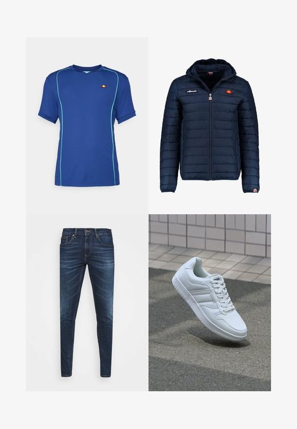 Mørkeblå puffjakke med hætte, lynlåslukning, kanalstyret syning og logo-detaljer på brystet og ærmet. Blødt, struktureret stof.; Blå T-shirt med korte ærmer og struktureret stof, med teal accenter og et lille logo. V-hals design med kontrasterende syninger.; Mørkeblå denim jeans med slim fit, subtil falming, fem lommer og metalknaplukning. Syede detaljer i kontrastfarve.; Hvide atletiske sneakers med glat læderoverdel, snørelukning foran, perforeret tå og mønstret sål. Minimalistisk design med tre sidelister.