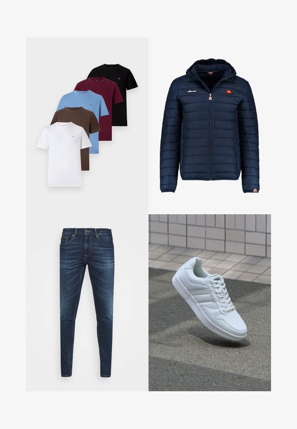 Marineblauwe gewatteerde jas met een capuchon, ritsluiting, kanalenstiksel en logoaccenten op de borst en mouw. Zachte, gestructureerde stof.; Vijf korte mouwen t-shirts in wit, bruin, blauw, bordeaux en zwart. Van katoen, met ronde halslijnen en kleine logo-accenten op elk.; Donkerblauwe denim jeans met een slim fit, subtiele vervaging, vijf zakken en een metalen knoopsluiting. Gestikte accenten in contrasterende kleur.; Witte sportsneaker met een glad leren bovenwerk, vetersluiting aan de voorkant, geperforeerde neus en een geprofileerde zool. Minimalistisch ontwerp met drie zijstrepen.