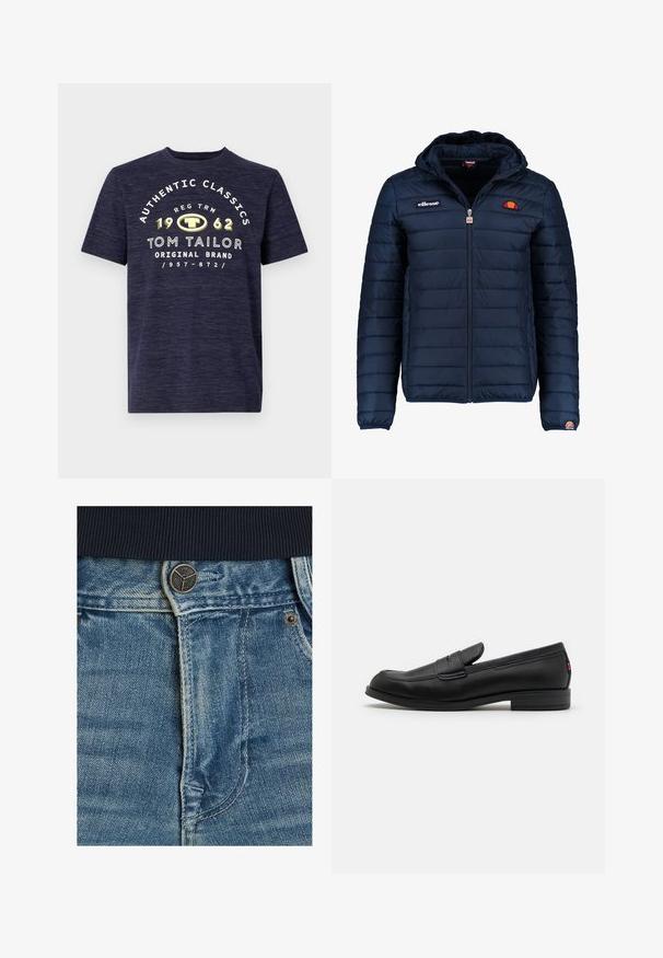 Mörkblå pufferjacka med huva, dragkedjestängning, kanalsömmar och logodetaljer på bröstet och ärmen. Mjuk, texturerad tyg.; Marinblå t-shirt med kort ärm i en melerad struktur, med vit och gul grafisk text framtill som visar varumärkesnamnet och etableringsåret.; Jeans i denim med en ljusblå tvätt, kontrasterande vit söm och en metallknappsstängning vid midjan. Närbild av tygets struktur.; Svarta läderloafers med en slät finish, rund tå och en liten dekorativ flik. Har en låg staplad klack och subtilt varumärkesdetalj.