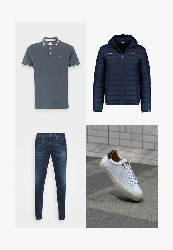 Námořnická modrá péřová bunda s kapucí, zipovým zapínáním, prošívaným vzorem a logem na hrudi a rukávu. Měkká, texturovaná látka.; Námořnická modrá polokošile z bavlněné tkaniny. Obsahuje žebrovaný límeček s světle modrými a krémovými pruhy, zapínání na tři knoflíky a malé logo.; Tmavě modré džíny z denimu s úzkým střihem, jemným vyblednutím, pěti kapsami a kovovým zapínáním na knoflík. Šité akcenty v kontrastní barvě.; Bílé kožené tenisky s námořnickým podpatkem, kulatou špičkou a kontrastními hnědými detaily. Obsahují ploché tkaničky a texturovanou gumovou podrážku.