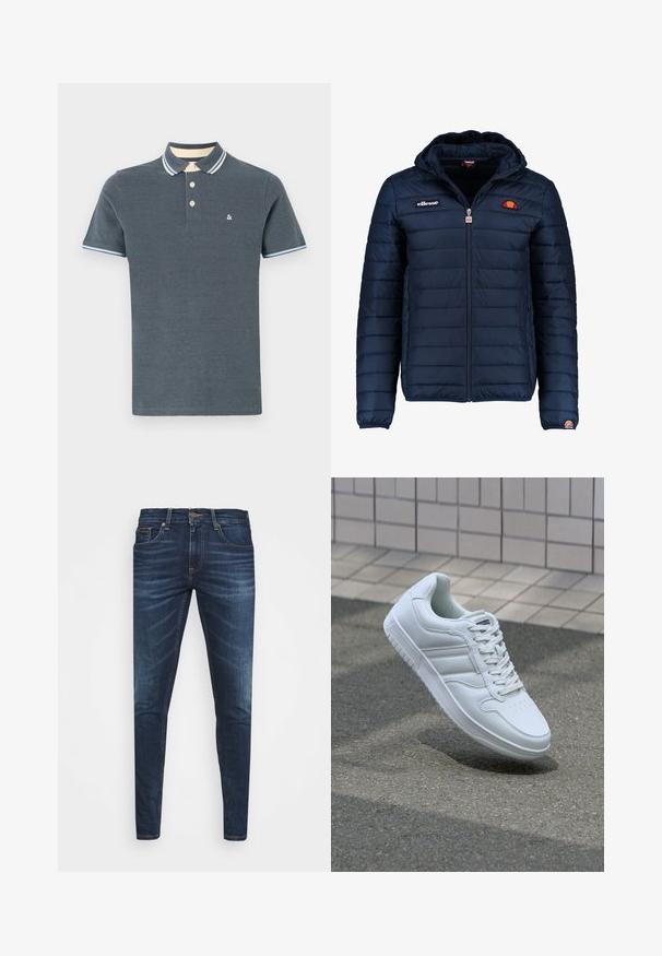Tumedat sinised puffer jakk kapuutsiga, lukuga suletav, kanalite õmblustega ning logo aktsentidega rinnal ja varrukal. Pehme, tekstuuriga kangas.; Tumesinine polo-särk puuvillast kangast. Omab soonikrihma kergete siniste ja kreemjate triipudega, kolmest nööbist koosnevat nööpplaaži ning väikest logo.; Tumedat sinised teksad kitsas lõikes, kerge kulumisega, viie taskuga ja metallnööbiga sulgemine. Õmmeldud aktsendid kontrastsetes värvides.; Valge spordijalanõud silederja nahkvarrega, ninast paeltega, perforatsiooni tõttu ventilatsiooniga ning mustrilise tallaga. Minimalistlik disain, millel on kolm külgmist triipu.