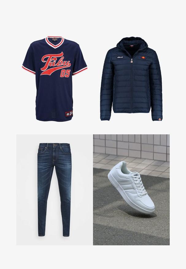 Jachetă puffer de culoare bleumarin, cu glugă, închidere cu fermoar, cusături în canale și detalii cu logo pe piept și pe mânecă. Material moale, texturat.; Tricou din plasă de culoare albastru închis, cu accente roșii și albe, având logo-ul "Fubu" scris cu un font cursiv și numărul "05" pe față. Mâneci scurte.; Jeans din denim de culoare albastră închisă, cu o croială slim, ușor decolorate, cinci buzunare și închidere cu buton metalic. Detalii cusute în culori contrastante.; Adidași albi pentru sport cu superior din piele netedă, sistem de șireturi în față, vârf perforat și talpă cu model. Design minimalist cu trei dungi laterale.
