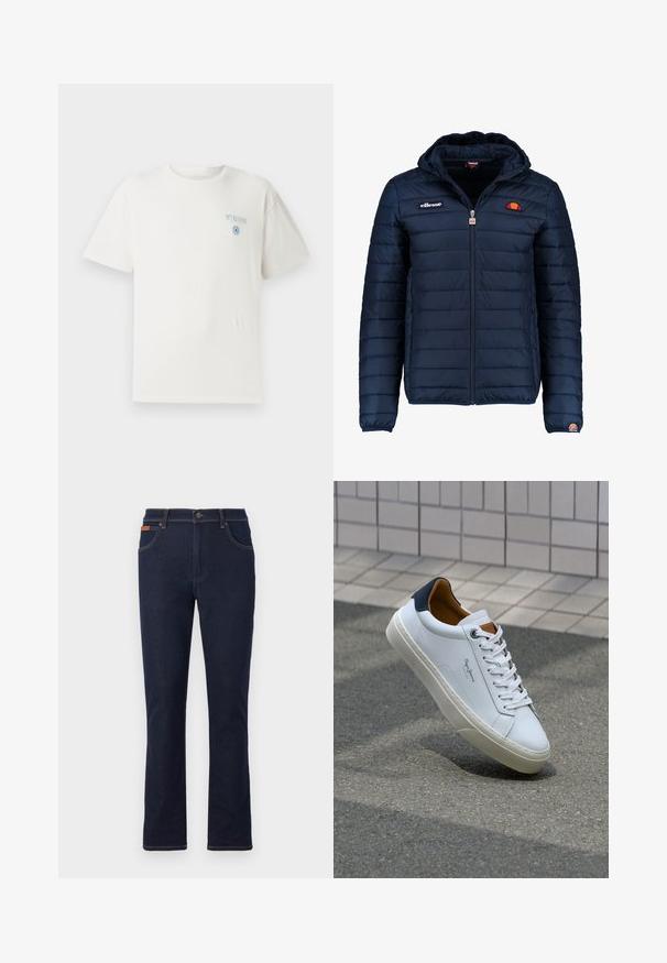 Marineblauwe gewatteerde jas met een capuchon, ritsluiting, kanalenstiksel en logoaccenten op de borst en mouw. Zachte, gestructureerde stof.; Witte katoenen t-shirt met ronde hals, korte mouwen en een blauwe "MYKONOS" grafiek op de linkerborst, met een cirkelvormig designelement.; Donkerblauwe denim jeans met een rechte pijp, voorzien van oranje stiksels, vijf zakken en een knoopsluiting in de taille.; Witte leren sneaker met een marineblauwe hiel, ronde neus en contrasterende bruin accent. Beschikt over platte veters en een gestructureerde rubberen zool.