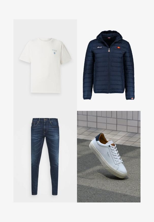 Mornaricnoplava pufasta jakna s kapuljačom, zatvaranje na zip, kanalno šivanje i akcenti s logom na prsima i rukavu. Mekani, teksturirani materijal.; Bijela pamučna majica s okruglim izrezom, kratkim rukavima i plavim grafičkim natpisom "MYKONOS" na lijevoj strani prsiju, s kružnim dizajnerskim elementom.; Tamno plave traperice uskog kroja, s blagim izbljeđivanjem, pet džepova i metalnim zatvaranjem na dugme. Šivani detalji u kontrastnoj boji.; Bijela kožna tenisica s mornarskom petom, okruglim vrhom i kontrastnim smešnim akcentima. Sadrži ravne vezice i teksturiranu gumenu potplat.