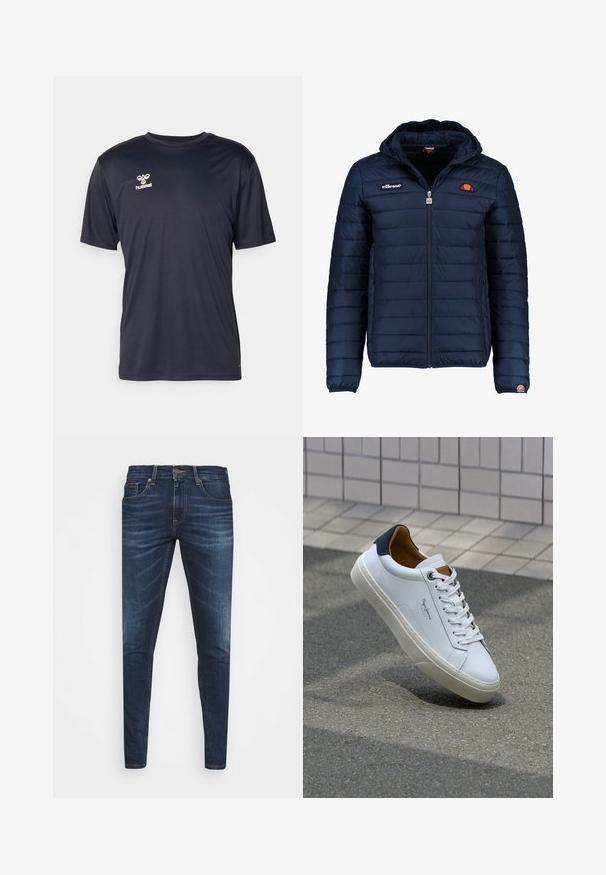Námořnická modrá péřová bunda s kapucí, zipovým zapínáním, prošívaným vzorem a logem na hrudi a rukávu. Měkká, texturovaná látka.; Kratký rukáv námořnické modré tričko vyrobené z lehkého materiálu, s kulatým výstřihem a malým zlatým logem "hummel" na hrudi.; Tmavě modré džíny z denimu s úzkým střihem, jemným vyblednutím, pěti kapsami a kovovým zapínáním na knoflík. Šité akcenty v kontrastní barvě.; Bílé kožené tenisky s námořnickým podpatkem, kulatou špičkou a kontrastními hnědými detaily. Obsahují ploché tkaničky a texturovanou gumovou podrážku.