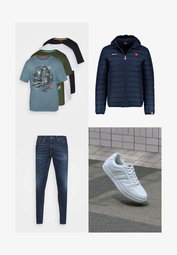 Tengerészkék puffos dzseki kapucnival, cipzáras záródással, csatorna varrással, és logóval díszített mellkassal és ujjakkal. Puha, texturált anyag.; Négy darab póló készlet kék, zöld, fehér és fekete színben. A kék pólón egy koponya grafika látható szöveggel és rózsákkal. Pamut anyag.; Sötétkék farmernadrág, testhezálló fazonnal, finom áttűnéssel, öt zsebbel és fémből készült gombzárral. Kontrasztos színű varrási díszítések.; Fehér sportcipő sima bőr felsőrésszel, fűzős elülettel, perforált orral és mintázott talppal. Minimalista dizájn három oldalsávval.