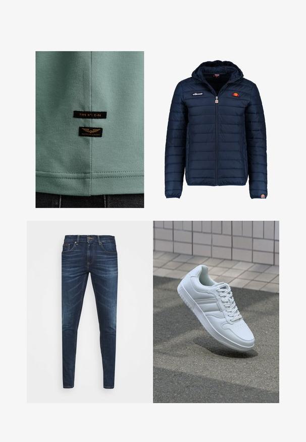 Navy blue puffer jacket with a hood, zip closure, channel stitching, and logo accents on the chest and sleeve. Soft, textured fabric.; Green cotton t-shirt with a smooth texture, featuring two black labels that read "TYPE NO: C-46" and "AMERICAN CLASSIC" in orange lettering.; Dark blue denim jeans with a slim fit, subtle fade, five pockets, and a metal button closure. Stitched accents in contrasting color.; White athletic sneaker with smooth leather upper, lace-up front, perforated toe, and patterned sole. Minimalist design with three side stripes.