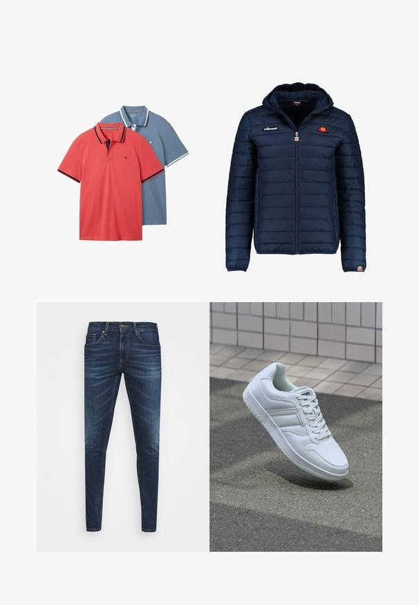 Dunkelblaue Daunenjacke mit Kapuze, Reißverschluss, Kastensteppnähten und Logo-Akzenten auf der Brust und dem Ärmel. Weicher, strukturierter Stoff.; Zwei Poloshirts: eines in Korallenfarbe mit dunklen Akzenten und eines in Hellblau mit weißen Details. Beide haben kurze Ärmel und einen klassischen Kragen.; Dunkelblaue Jeans im Slim Fit mit subtiler Verwaschung, fünf Taschen und einem Metallknopfverschluss. Genähte Akzente in kontrastierender Farbe.; Weiße sportliche Sneaker mit Obermaterial aus glattem Leder, Schnürfront, durchlöchtem Zehenbereich und gemusterter Sohle. Minimalistisches Design mit drei Seitenstreifen.