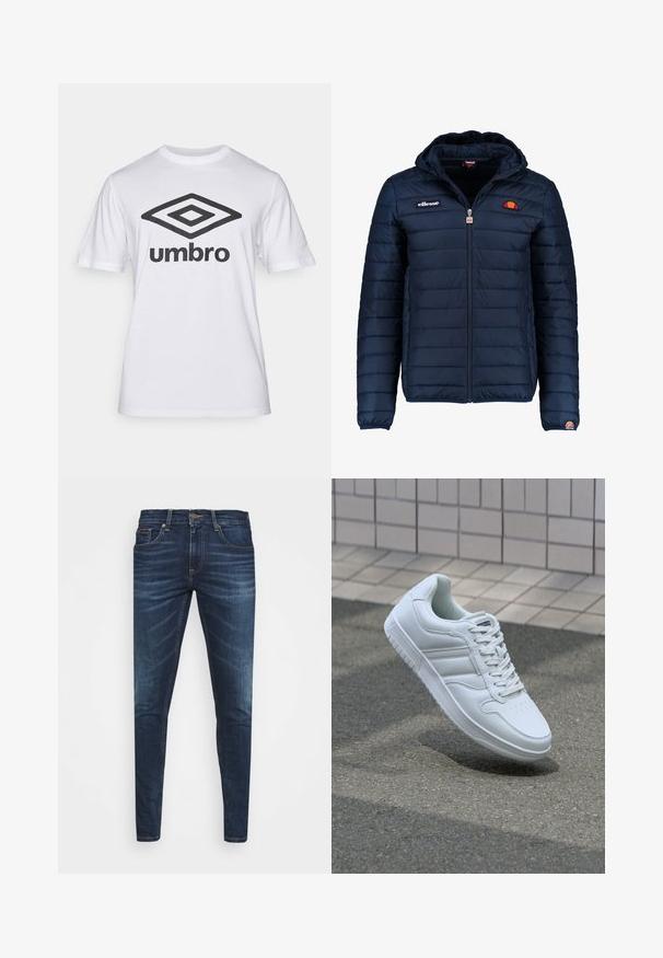 Navy blue puffer jacket with a hood, zip closure, channel stitching, and logo accents on the chest and sleeve. Soft, textured fabric.; White cotton t-shirt featuring a large black "Umbro" logo and a diamond graphic on the front. Short sleeves, crew neckline, classic fit.; Dark blue denim jeans with a slim fit, subtle fade, five pockets, and a metal button closure. Stitched accents in contrasting color.; White athletic sneaker with smooth leather upper, lace-up front, perforated toe, and patterned sole. Minimalist design with three side stripes.