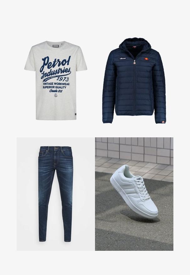 Tummansininen puhvitakki, jossa on huppu, vetoketjukiinnitys, kanavapistoilu ja logoteemaiset yksityiskohdat rinnassa ja hihassa. Pehmeä, teksturoitu kangas.; Valkoinen lyhythihainen t-paita, jossa on tummansinisellä painetut tekstit. Suunnitelmassa on "Petrol Industries," "1973," ja yksityiskohtia kuten "Aitoa tuotetta."; Tummansiniset farkut, joissa on slim fit -leikkaus, hienovarainen haalistuma, viisi taskua ja metallinen napitus. Kontrastiväriset ompeleet.; Valkoiset urheilukengät, joissa on sileä nahkapinta, nauhakiinnitys edessä, rei'itetty kärki ja kuvioitu pohja. Minimalistinen muotoilu, jossa on kolme sivuraitaa.