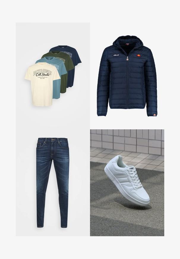 Mornaricnoplava pufasta jakna s kapuljačom, zatvaranje na zip, kanalno šivanje i akcenti s logom na prsima i rukavu. Mekani, teksturirani materijal.; Set od četiri majice kratkih rukava u bež, plavoj, zelenoj i tamnoplavoj boji, svaka s otiskom logotipa u kontrastnoj nijansi. Pamuk.; Tamno plave traperice uskog kroja, s blagim izbljeđivanjem, pet džepova i metalnim zatvaranjem na dugme. Šivani detalji u kontrastnoj boji.; Bijela atletska tenisica s glatkim kožnim gornjim dijelom, vezanjem sprijeda, perforiranim vrhom i uzorkovanim đonom. Minimalistički dizajn s tri bočne pruge.