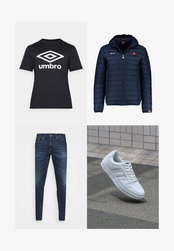 Jachetă puffer de culoare bleumarin, cu glugă, închidere cu fermoar, cusături în canale și detalii cu logo pe piept și pe mânecă. Material moale, texturat.; Tricou negru cu mânecă scurtă din bumbac, având un mare logo alb în formă de diamant și textul "umbro" pe partea din față. Design cu croială clasică.; Jeans din denim de culoare albastră închisă, cu o croială slim, ușor decolorate, cinci buzunare și închidere cu buton metalic. Detalii cusute în culori contrastante.; Adidași albi pentru sport cu superior din piele netedă, sistem de șireturi în față, vârf perforat și talpă cu model. Design minimalist cu trei dungi laterale.