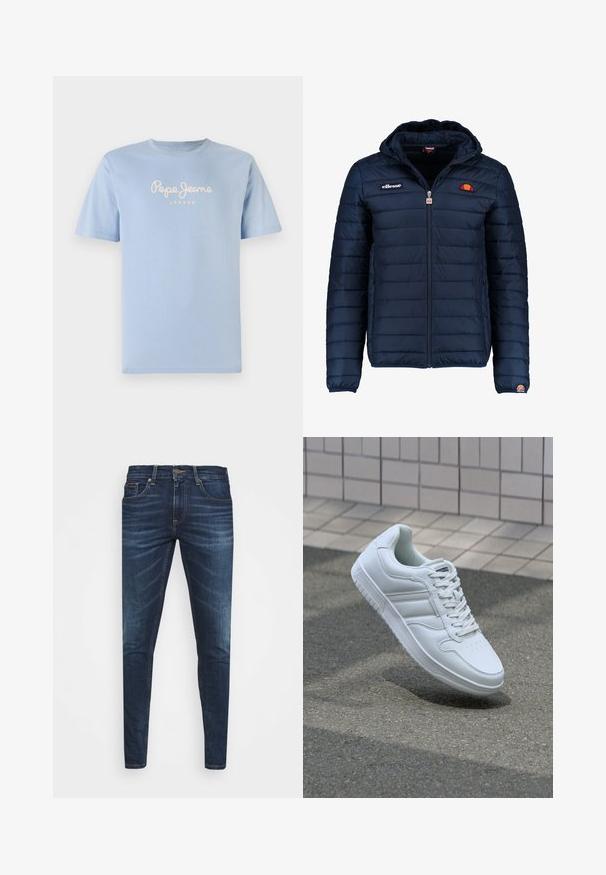 Marineblå puffjakke med hette, glidelås, kanalsøm og logoaksenter på brystet og ermet. Mykt, teksturert stoff.; Lyseblå bomull T-skjorte med rund hals og korte ermer. Den har "Pepe Jeans London" trykt i hvit kursiv skrift over brystet.; Mørkeblå denimjeans med smal passform, subtil falming, fem lommer og metallknaplukking. Sømmer i kontrastfarge.; Hvit atletisk sneaker med glatt skinnoverside, snøring foran, perforert tå og mønstrets såle. Minimalistisk design med tre side-striper.