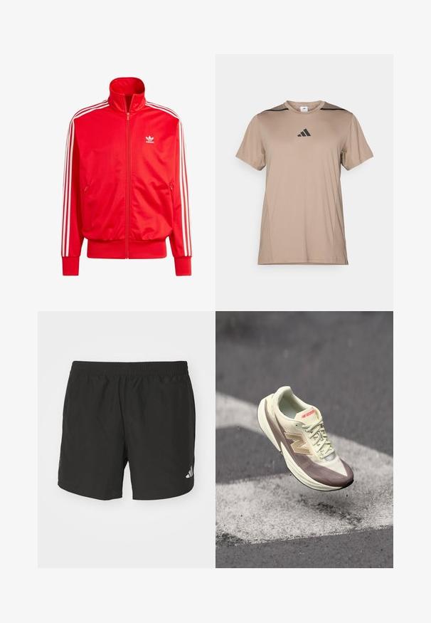 Crvena Adidas jakna sa zatvaračem, visokim ovratnikom, bijelim trakama na ramenima, dva bočna džepa i malim bijelim logotipom na lijevoj strani grudi. Glatka tekstura.; Tanka atletska majica izrađena od glatkog materijala, s crnim akcentima na ramenima i crnim Adidas logom u središtu grudnog koša.; Crne atletske kratke hlače s elastičnim pojasom, bočnim prorezima i reflektirajućim logotipovima. Izrađene od lagane, glatke tkanine.; Lagani atletski tenisica s kremastom gornjištem i smešnim naglascima, s teksturiranom površinom, vezicama i istaknutim logotipom sa strane.