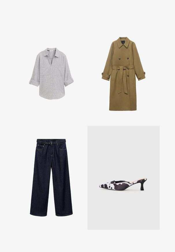 Trench coat largo de camello con amplios solapas, botones de doble botonadura, cintura ceñida con cinturón y puños abotonados, exhibido sobre fondo blanco.; Camisa de botones gris claro con un patrón a cuadros, dos bolsillos en el pecho y mangas enrolladas. Confeccionada en una tela texturizada.; Vaqueros de pierna ancha de color azul oscuro, hechos de denim. Cuentan con una cinturilla con cinturón que incluye múltiples botones, bolsillos frontales y un acabado limpio en los dobladillos.; Tacones slingback de punta afilada en diseño de estampado de vaca en blanco y negro. Parte superior de tela con un acabado texturizado y un tacón negro delgado.