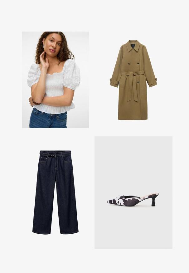 Lang kamel trenchcoat med bred krave, dobbeltknappede lukninger, bælte i taljen og knappede manchetter, vist på hvid baggrund.; Hvid bluse med pufærmer og firkantet udskæring, tekstureret liv og volang forneden. Parret med højtaljede denim jeans.; Mørkeblå brede jeans lavet af denim. Har et bælte i taljen med flere knapper, forlommer og en ren afslutning ved sømmene.; Spidse slingback hæle i sort og hvid ko-print design. Stofoverdel med en tekstureret finish og en slank sort hæl.