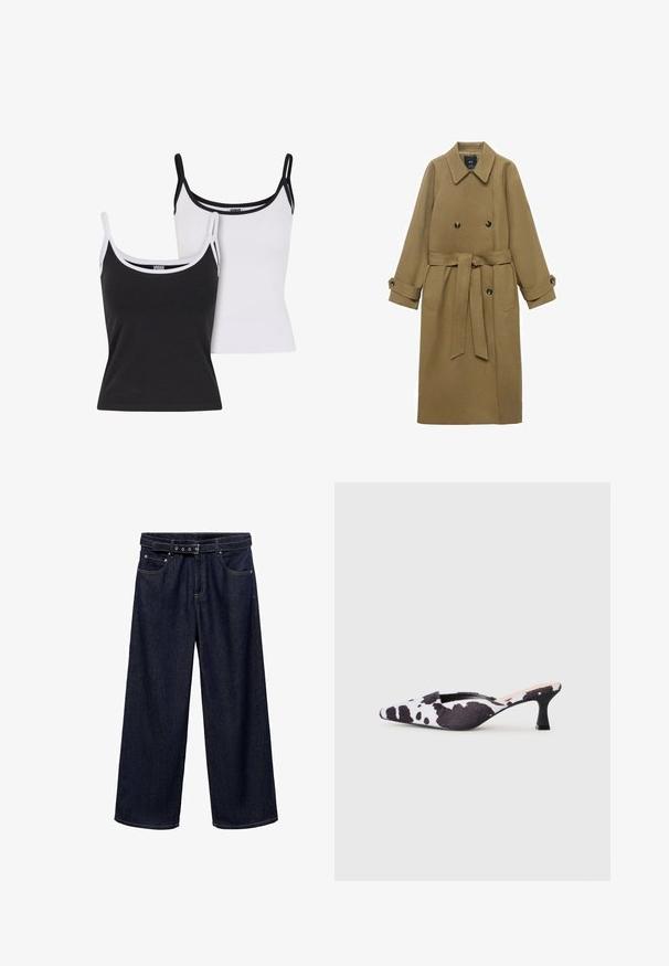 Dlouhý velbloudí trenčkot s širokým klopovým límcem, dvouřadovým zapínáním, páskem v oblasti pasu a manžetami na knoflíky, vystavený na bílém pozadí.; Dva topy bez rukávů v černé a bílé barvě. Vyrobené z měkké tkaniny, s tenkými pásky a kontrastním lemem podél výstřihu a průramků.; Tmavě modré široké džíny vyrobené z denimu. Mají pás s opaskem a několika knoflíky, přední kapsy a čistý lem na spodním okraji.; Sandalové lodičky s špičatou špičkou a zúženým páskem v černobílem vzoru kravské kůže. Textilní svršek s texturovaným povrchem a štíhlým černým podpatkem.