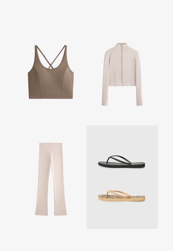 Korstjugen långärmad jacka i mjuk beige tyg med hög krage och dragkedja framtill; har sömdetaljer och två sidfickor.; OYSHO EVERMOVE - Linne - brown; Ljust beige vida byxor med en bred, slät midja. Tillverkade av mjukt, stretcht tyg och har en ren, minimalistisk design.; Svarta gummiflip-flops med texturerad sula och tunna remmar; nedan, bruna flip-flops med leopardmönster och texturerad sula.
