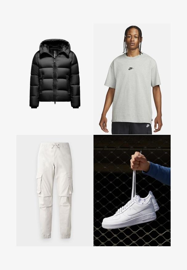 Musta toppatakki hupulla, jossa on vetoketjukiinnitys, neliskanttinen kangas, joustavat hihansuut ja sivutaskut lämpöä ja käytännöllisyyttä varten.; Nuori henkilö, jolla on letitetyt hiukset, pukeutuneena vaaleanharmaaseen Nike T-paitaan ja mustiin Nike-shorteihin valkoista taustaa vasten.; Vaaleanbeige cargo-housut, joissa on joustava vyötärö, naru, sivutaskut ja kapenevat lahkeet. Valmistettu sileästä, kevyestä kankaasta.; Valkoiset nahkasneakersit, joissa on rei'ityksiä, pyöreä kärki, tasapohja ja paksut nauhat, joissa on näkyvä swoosh-logo ja "AIR" kantapäässä.