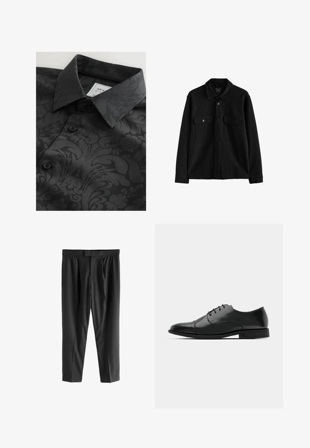 Giacca camicia nera a maniche lunghe con bottoni, dotata di due tasche a soffietto frontali e colletto a punta, esposta su uno sfondo bianco.; Camicia nera con una texture a fantasia che presenta design floreali e astratti, colletto classico e bottoni neri. Etichetta visibile all'interno del colletto.; Next REGULAR FIT -CHECK SMART - Chino - black; Scarpa da uomo in pelle nera con punta rotonda, design con lacci, dettagli di cucitura discreti e tacco basso. Texture liscia con finitura lucida.
