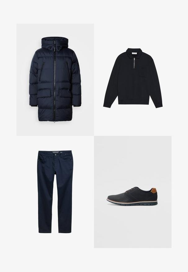 Námorná pufrovacia bunda so zipsom, nastaviteľnou kapucňou, dvoma zipsovými vreckami na hrudi a dvoma prednými vreckami na klopu. Hladká textúra a prešívaný dizajn.; Pier One Mikina - black; Námornícke modré nohavice vyrobené z hladkej bavlnenej tkaniny, s klasickým strihom, piatimi vreckami a zipsom na nohaviciach so zapínaním na gombík.; Čierne syntetické topánky so štruktúrovaným zvrškom, hladkými akcentmi, hnedým opätkom a kontrastnou podrážkou. Majú minimálne šnurovanie a detaily prešitia.