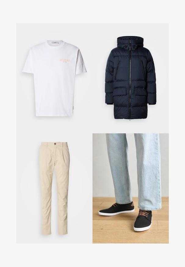 Navy puffjacka med dragkedjestängning, justerbar huva, två dragkedjefickor på bröstet och två framfickor med klaff. Slät textur och quiltat mönster.; Vit bomulls t-shirt med korta ärmar, med "ANTICO BAR" tryckt i ljus orange på vänster bröst och rund halsringning.; Beige slim-fit herrbyxor med bältesömmar, knäppt stängning och framveck, utlagda på en vit bakgrund.; Svarta kanvas sneakers med bruna detaljer, vita gummisulor och bruna snören, i kombination med ljusblå raka jeans. Bakgrund av trägolv.