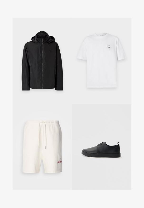 Zwarte, lichte jas met een capuchon, voorzien van een rits aan de voorkant en zijzakken. Het materiaal lijkt glad met een matte afwerking.; Witte katoenen t-shirt met een ontspannen pasvorm, voorzien van een klein zwart graphic logo op de linkerkant van de borst. Korte mouwen, ronde hals.; Witte katoenen shorts met een elastische tailleband en een trekkoord. Kenmerken zijn de rode geborduurde "calvin" op het linkerpand. Zachte textuur, eenvoudig ontwerp.; Zwarte leren sneaker met een gladde afwerking, ronde neus, tonale stiknaden, vetersluiting aan de voorkant en een vlakke rubberen zool. Lussje aan de hak.