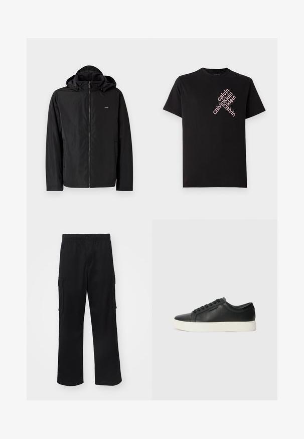 Schwarze, leichte Jacke mit Kapuze, ausgestattet mit einem Frontreißverschluss und seitlichen Taschen. Das Material wirkt glatt mit einer matten Oberfläche.; Schwarzes Baumwoll-T-Shirt mit einem diagonalen pinken "calvin klein" Logo-Druck auf der Vorderseite. Kurze Ärmel und runder Ausschnitt.; Schwarze Cargo-Hosen mit elastischem Taillenbund, seitlichen Taschen und geradem Bein, aus einem leichten Stoff gefertigt.; Schwarze Leder-Sneaker mit perforierter Textur, runder Zehenpartie und flacher, weißer Gummisohle. Mit schwarzen Schnürsenkeln und einem dezenten Logo an der Seite.