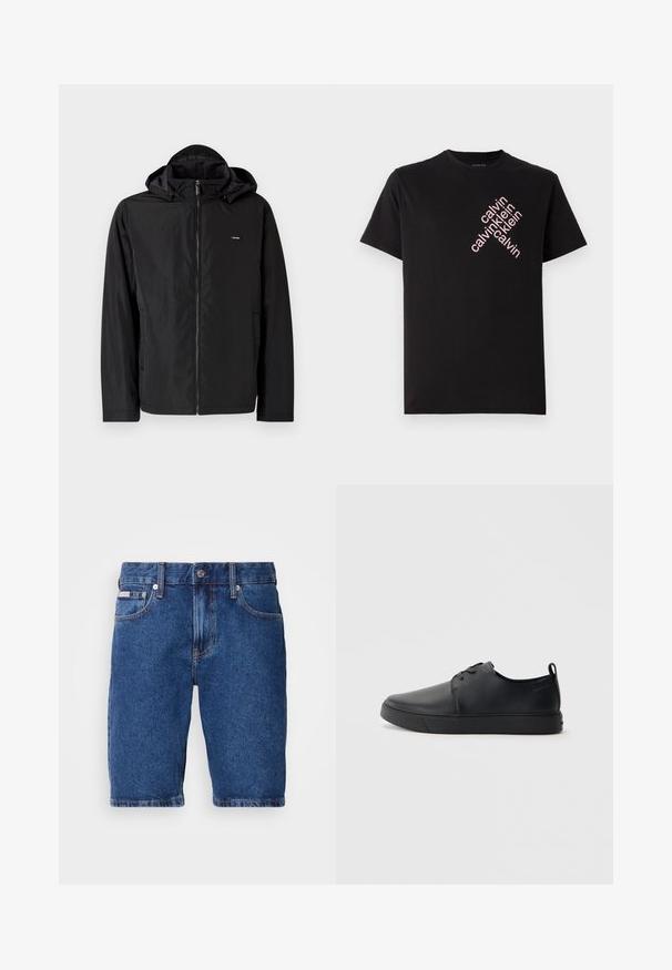 Giacca nera leggera con cappuccio, dotata di zip frontale e tasche laterali. Il materiale sembra liscio con una finitura opaca.; T-shirt in cotone nero con stampa diagonale del logo "calvin klein" in rosa sul davanti. Maniche corte e scollo rotondo.; Shorts in denim di colore blu scuro, caratterizzati da un classico design a cinque tasche, decorazioni con cuciture a vista e una vestibilità dritta con un taglio all'altezza del ginocchio.; Sneaker in pelle nera con finitura liscia, punta arrotondata, cuciture tono su tono, chiusura con lacci frontale e suola piatta in gomma. Anello sul tallone.