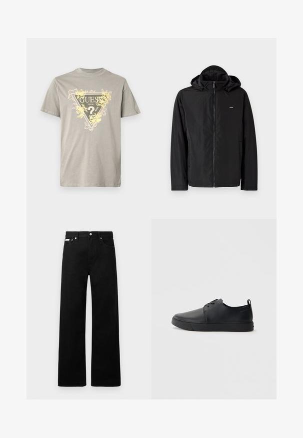 Zwarte, lichte jas met een capuchon, voorzien van een rits aan de voorkant en zijzakken. Het materiaal lijkt glad met een matte afwerking.; Grijs katoenen T-shirt met een driehoekige afbeelding met "GUESS" en gele bloemaccenten. Ronde hals, korte mouwen en standaard pasvorm.; Zwarte spijkerbroek met een wijd uitlopende pasvorm, voorzien van vijf zakken en metallic knopen. Gladde textuur, geen zichtbare patronen.; Zwarte leren sneaker met een gladde afwerking, ronde neus, tonale stiknaden, vetersluiting aan de voorkant en een vlakke rubberen zool. Lussje aan de hak.