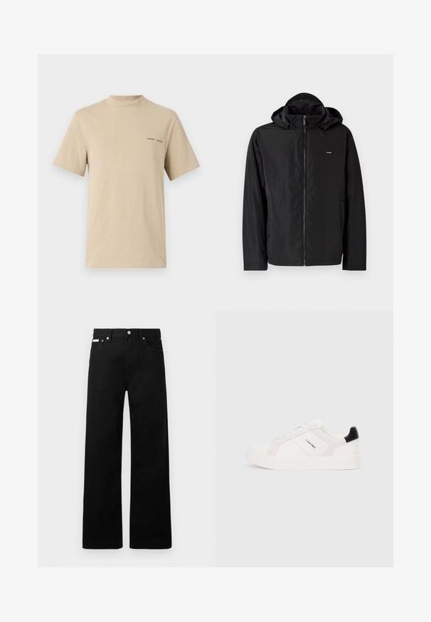 Zwarte, lichte jas met een capuchon, voorzien van een rits aan de voorkant en zijzakken. Het materiaal lijkt glad met een matte afwerking.; Beige katoenen t-shirt met een ronde halslijn en korte mouwen. Beschikt over een subtiele zwarte "SAMSOE" tekstlogo op de borst.; Zwarte spijkerbroek met een wijd uitlopende pasvorm, voorzien van vijf zakken en metallic knopen. Gladde textuur, geen zichtbare patronen.; Witte sneakers met lichtroze en zwarte accenten, met gladde leren en suède panelen, ronde neus en platte rubberen zool.