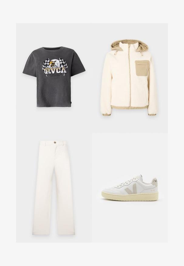 Veste en polaire crème avec une capuche matelassée beige et une poche. Dotée de poignets et d'un ourlet élastiques, d'une fermeture éclair dorée et de cordons réglables.; T-shirt en coton gris à manches courtes avec un graphisme d'aigle et des drapeaux à damiers. Le design comprend le texte "RVCA" et un slogan en dessous.; Pantalon beige à jambe large en tissu texturé. Comprend une fermeture à boutons à l'avant et des passants pour ceinture. Design simple et épuré sans motifs.; Baskets blanches en cuir avec des accents en daim beige, boîte à orteils perforée, lacets plats et semelle texturée crème. Présente un logo discret au talon.