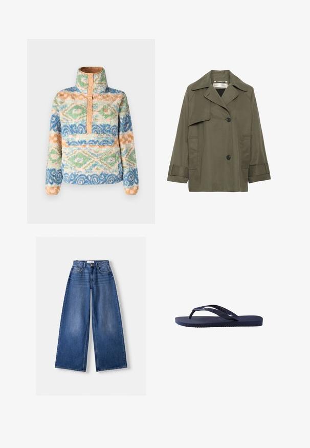 Olive green trench coat with a collar, large front pockets, two black buttons, and three-quarter sleeves. Smooth fabric with a relaxed fit.; Fuzzy pullover in multi-color patterns, featuring a high neck, button front, and a front pocket. Made from soft, textured fabric.; White cotton t-shirt with short sleeves, a round neck, and a smooth texture. The back is plain with no additional patterns or designs.; Bershka WIDE-LEG - Wide Leg - dark blue; Navy blue flip-flop featuring textured rubber straps and sole, with a wavy pattern on the straps and a flat, ridged footbed.