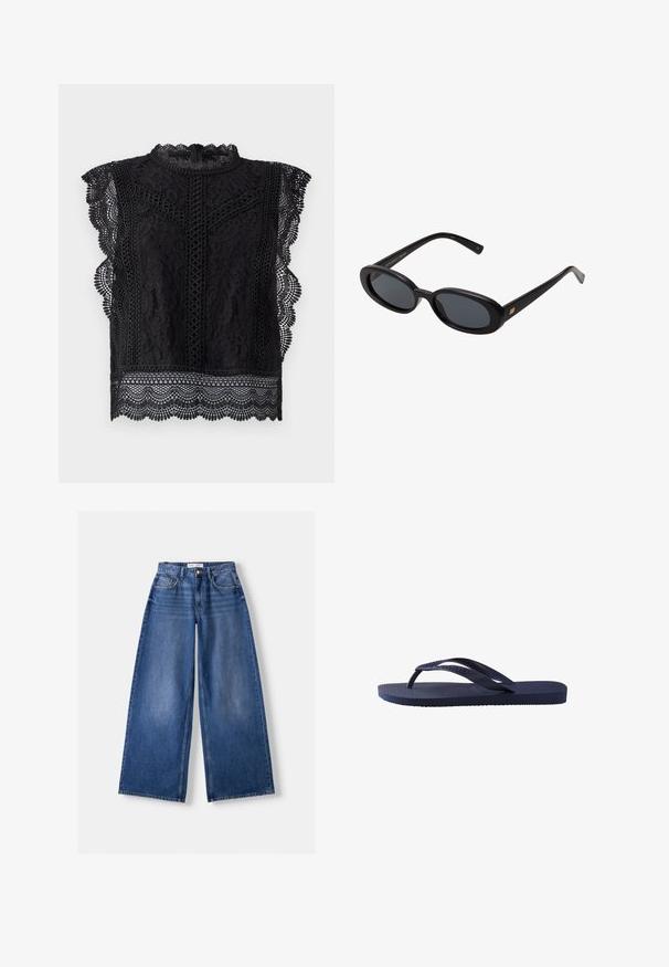 Oliivinvihreä trench-takki, jossa on kaulus, suuret etutaskut, kaksi mustaa nappia ja kolmanneksen mittaiset hihat. Sujuva kangas rentoon istuvuuteen.; Musta pitsitoppi, jossa on hihattomat hihat, uurteiset reunat, monimutkaiset kukkakuviot ja korkea kaulus, jossa on takana vetoketjukiinnitys.; Bershka WIDE-LEG - Leveälahkeiset - dark blue; Tummansiniset läpättimet, joissa on tekstuuriset kumihihnat ja pohja, hihnoissa on aaltoileva kuvio ja tasainen, uritettu jalkapohja.; Mustat ylisuuruiset aurinkolasit, jotka ovat soikeat linssit, sileä muovikehys ja kultaiset korostukset temppeleissä. Tummat linssit tarjoavat suojaa auringolta.
