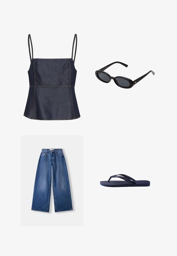 Olivnozelena plašč s ovratnikom, velikimi sprednjimi žepi, dvema črnima gumboma in tričetrtinskimi rokavi. Gladko blago s sproščenim krojem.; Temna denim brezrokavna majica s kvadratnim izrezom, kotnimi deli in vidnimi šivi. Ravna, gladka tekstura.; Bershka WIDE-LEG - Široke hlačnice - dark blue; Temno modri natikači z teksturiranimi gumijastimi trakovi in podplatom, z valovitimi vzorci na trakih in ravnim, rebrastim podnožjem.; Črne oversize sončne očala z ovalnimi lečami, gladkim plastičnim okvirjem in zlatenimi detajli na templjih. Temne leče zagotavljajo zaščito pred soncem.