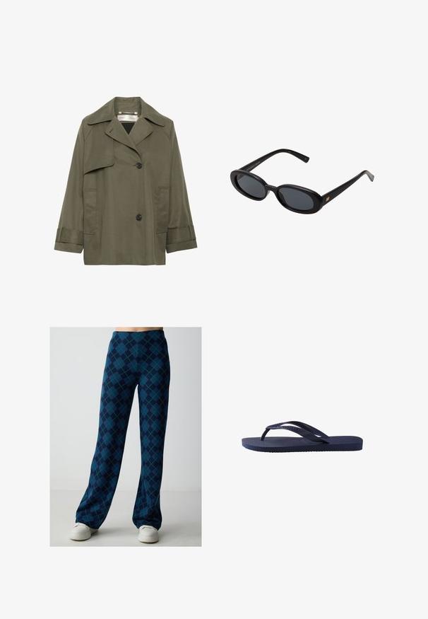 Olivengroene trenchcoat met een kraag, grote voorzakken, twee zwarte knopen en driekwartmouwen. Glad stof met een ontspannen pasvorm.; Witte katoen t-shirt met korte mouwen, ronde hals en een ontspannen pasvorm. Glad materiaal en eenvoudig ontwerp, zonder patronen of accenten.; Wijde broek in marineblauw met een groen en blauwe ruitpatroon. Gemaakt van een gestructureerde stof, met een hoge tailleband en een relaxed fit.; Navyblauwe flip-flops met een textuur op de rubberen banden en zool, met een golvend patroon op de banden en een vlakke, gegroefde zool.; Zwarte oversized zonnebril met ovale lenzen, een glad plastic montuur en gouden accenten op de pootjes. Donkere lenzen bieden bescherming tegen de zon.