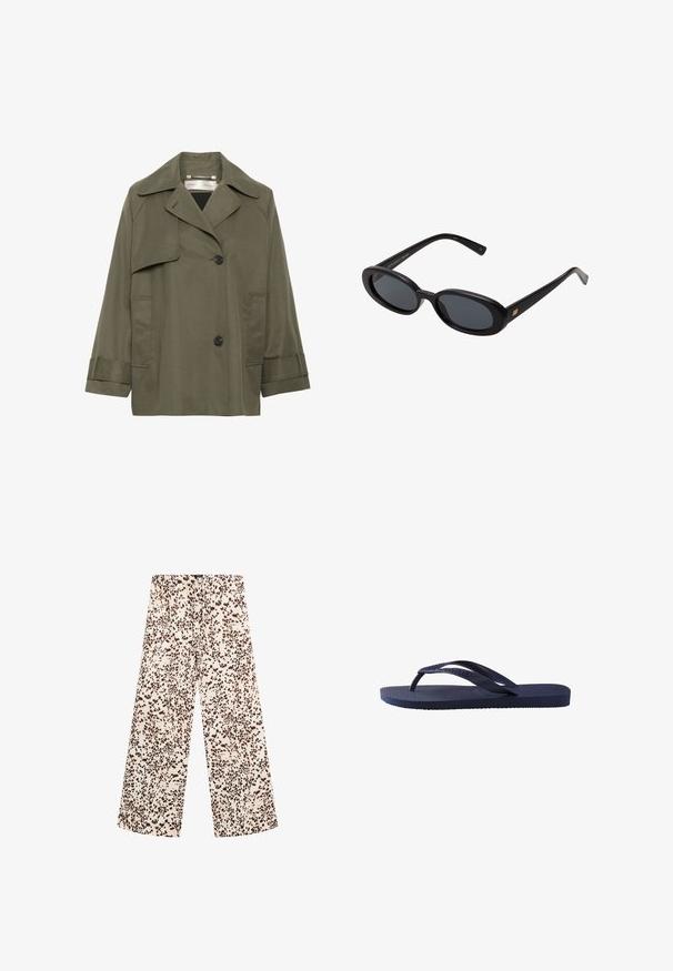 Cappotto trench verde oliva con colletto, grandi tasche frontali, due bottoni neri e maniche tre quarti. Tessuto liscio con una vestibilità rilassata.; Maglietta bianca in cotone con maniche corte, collo rotondo e tessuto liscio. Il retro è semplice, senza motivi o disegni aggiuntivi.; Pantaloni a gamba larga in un tessuto crema chiaro con un motivo a macchie marroni. Presentano un punto vita con coulisse e una texture liscia e morbida.; Infradito blu navy con cinturini e suola in gomma testurizzata, caratterizzati da un motivo ondulato sui cinturini e un plantare piatto e rigato.; Occhiali da sole neri oversize con lenti ovali, montatura in plastica liscia e accenti dorati sulle tempie. Le lenti scure offrono protezione dal sole.; Borsa a rete nera con due manici. Texture morbida, design flessibile e una grande forma arrotondata. Nessun hardware o accenti visibili.